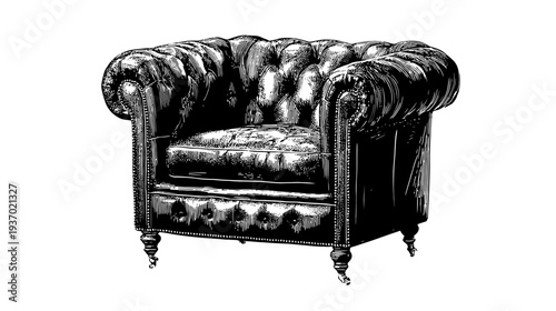 A classic armchair illustrated in black and white, featuring a tufted back, rolled arms, and elegant wooden legs