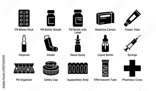 Medical products collection: pill packs, bottles, cartons, tubes, syringes, inhalers, organizer