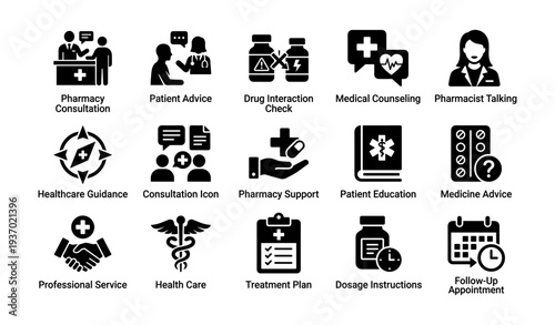 Healthcare icons illustration featuring pharmacy consultation and medical counseling symbols