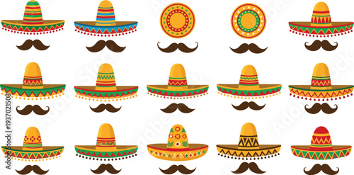 Large collection of colorful Mexican sombreros with various patterns and traditional mustaches set in rows isolated on a white background.