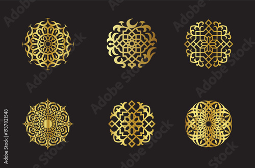 Arabic seamless pattern with golden arabic and islamic ornament set on black background