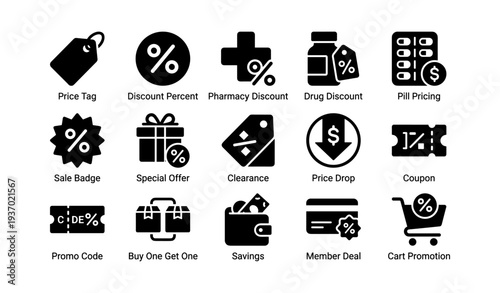 Pharmacy and store discounts icons: price offers and promotions collection