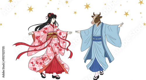 Traditional Japanese folk tale illustration featuring Orihime and Hikoboshi characters in beautiful kimono dancing under a golden starry night sky isolated on white background.