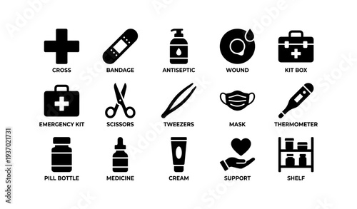 Medical icons: cross, bandage, antiseptic, mask, thermometer, support