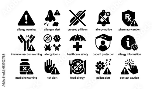 Allergy and healthcare icons set with alerts for medication, pollen, food, and risk warnings