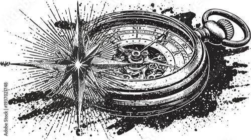 A detailed illustration of an antique compass with a starburst, textured design with ink splatters