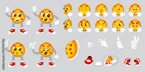 A collection of cheerful anthropomorphic pizza slice characters with varied expressions