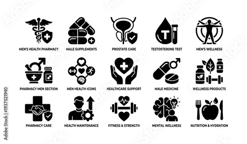 Comprehensive men's health and wellness icons for pharmacy and healthcare solutions