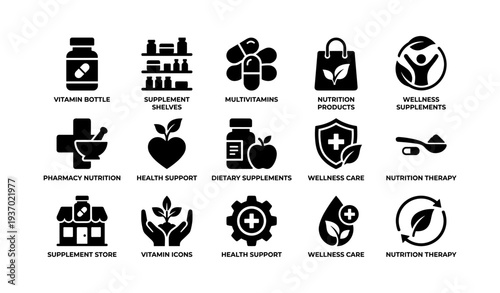 Health and wellness icons set featuring supplements, nutrition, and care symbols