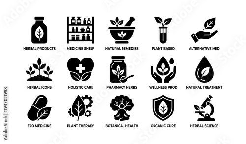 Icon set of herbal remedies and natural medicine concepts