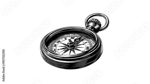 A detailed black and white illustration of a round compass with a ring for hanging