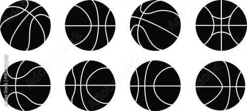 Basketball icons vector illustration, sports graphic design, ball silhouette variations, athletic branding, team sport concept, basketball pattern artwork, game symbol collection, sports identity