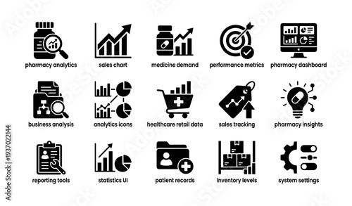 Pharmacy analytics icons: sales, medicine, performance, insights, data