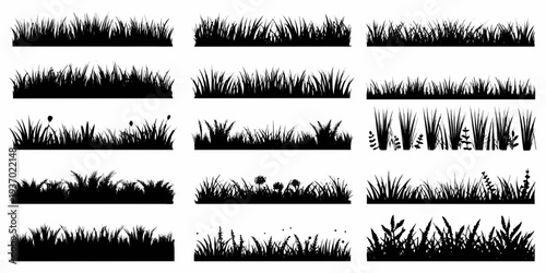 Collection of black silhouette grass patches and floral elements