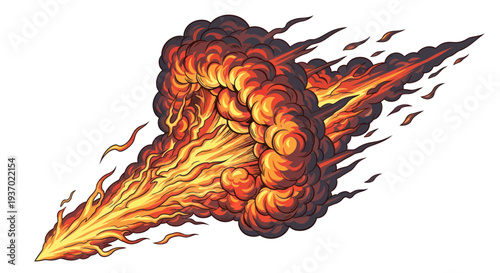 Explosive fiery blast with smoke and flames, dynamic fire effect isolated on white