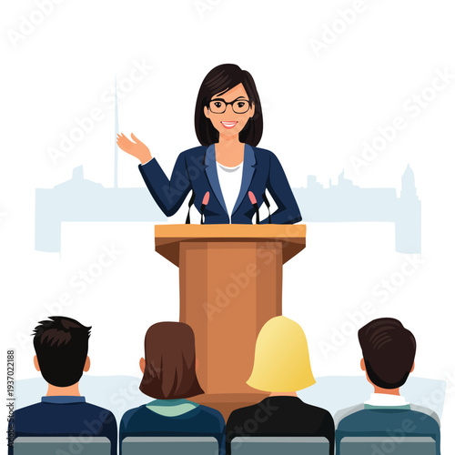 Woman giving presentation from podium in front of audience