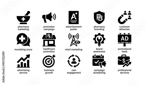 Pharmacy marketing icons for promotion and branding strategies