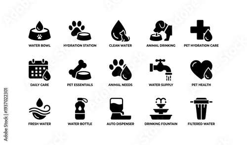 Pet hydration icons: water bowl, hydration station, pet care, drinking fountain, filtered water