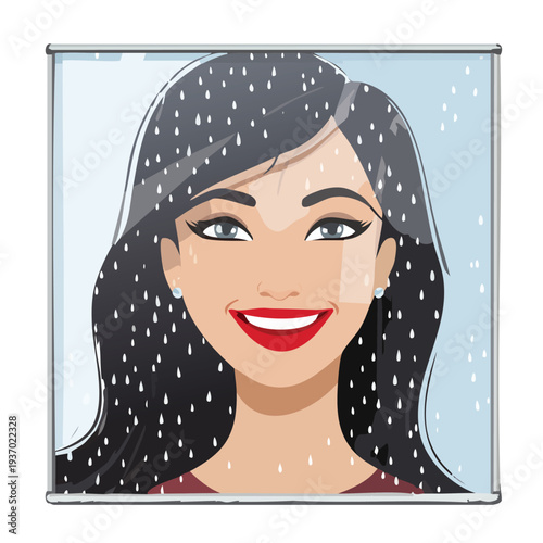 Woman smiling in the rain cartoon illustration