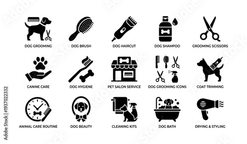 Illustrated icons of dog grooming essentials and pet care items
