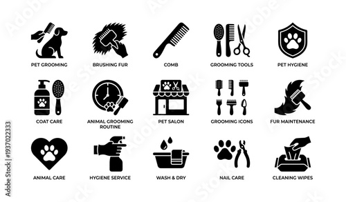 Pet grooming icons: tools, hygiene, care for dogs and cats