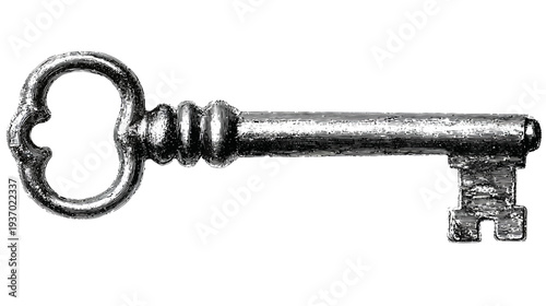 Intricate grayscale drawing of a detailed skeleton key, a historical tool