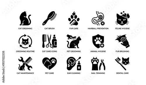 Comprehensive cat grooming icons: hygiene, care, maintenance, prevention, and cleaning