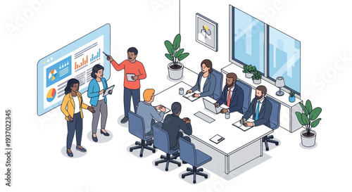 Diverse Business Team Presenting Data Analysis in Modern Office Meeting Room