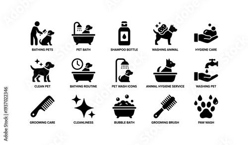 Pet care icons: bathing, grooming, hygiene for cats and dogs