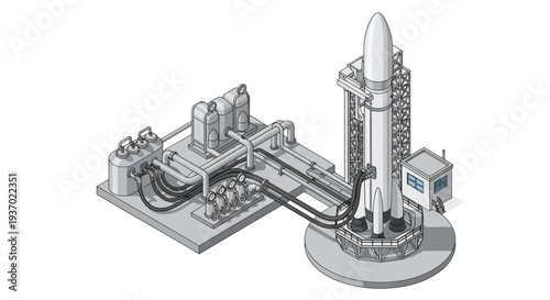 Rocket Launchpad and Support Infrastructure, Isometric View - Space Exploration
