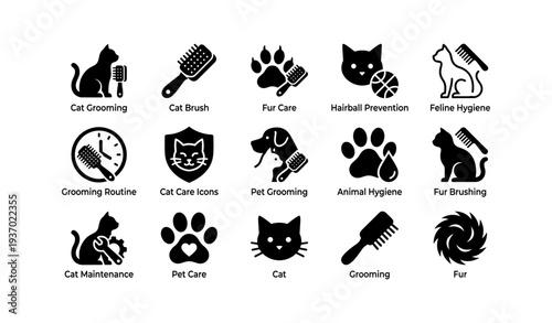 Cat grooming and pet care icons for feline hygiene and maintenance