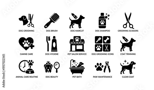 Dog grooming icons set: tools and services for pet care and hygiene