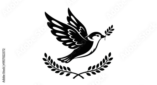 Flying bird with olive branch and laurel wreath