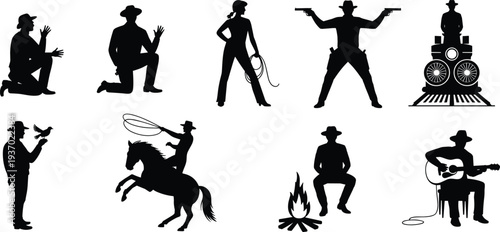 Wild west cowboy silhouettes collection with gunslinger, lasso rider, train locomotive, campfire guitarist, western characters vector illustration set