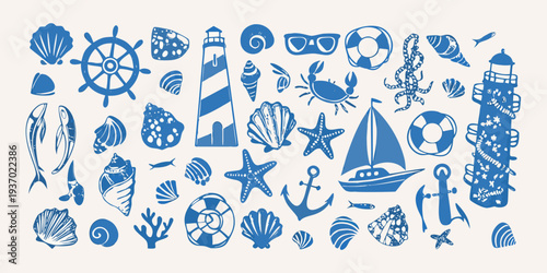 Nautical themed doodles including seashells boats and lighthouse illustrations