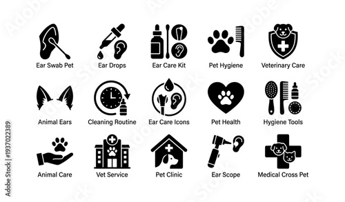 Pet ear care icons set: hygiene, veterinary, health, tools