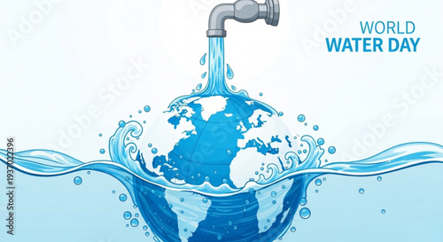 Globe with water flowing from faucet on world water day symbolizing conservation and sustainability efforts globally