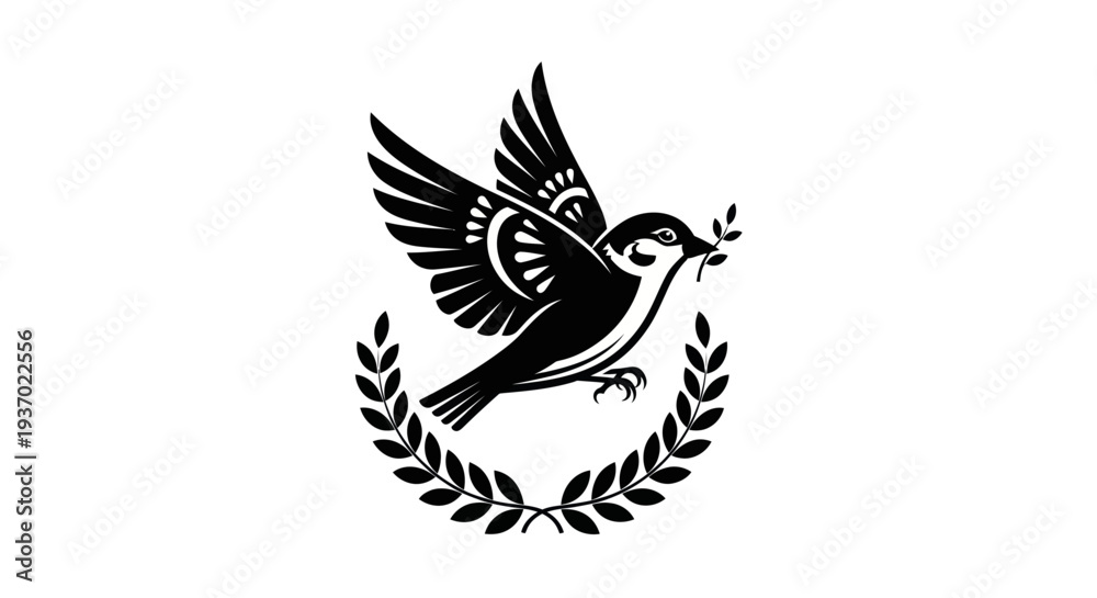 Fototapeta premium Flying bird with olive branch and wreath