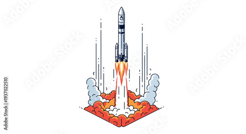 Rocket Launching into Space with Fiery Exhaust and Smoke Trails