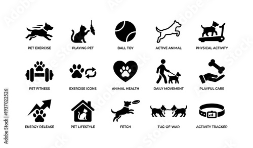 Silhouette icons of pet activities and exercise for animal health visual guide