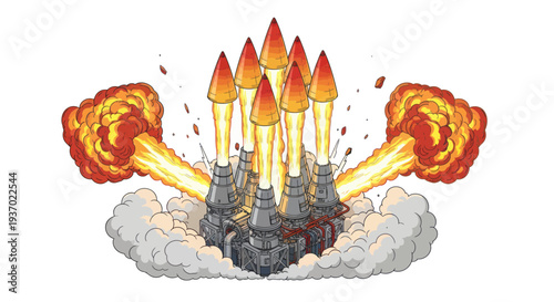 Multiple Rockets Launching with Explosions and Smoke