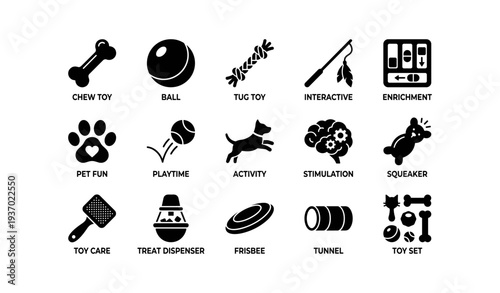 Pet enrichment icons collection: toys, activities, and care essentials