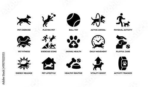 Pet exercise icons featuring dogs and cats in various activities