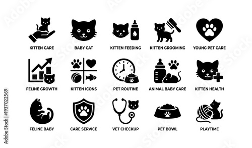 Kitten care icons: feeding, grooming, health, growth, playtime