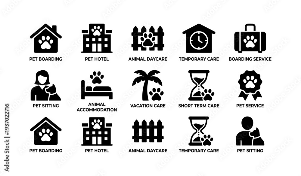 Obraz premium Pet care icons: boarding, hotel, daycare, temporary services, sitting