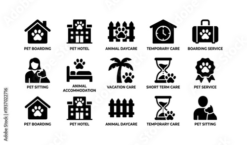 Pet care icons: boarding, hotel, daycare, temporary services, sitting
