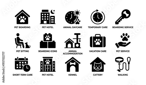 Pet care services icons: boarding, daycare, walking, and more