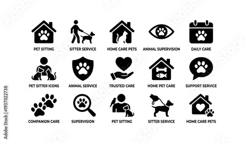 Pet sitting and home care icons: animal supervision and daily companion services