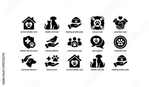 Animal shelter icons representing care and volunteer activities
