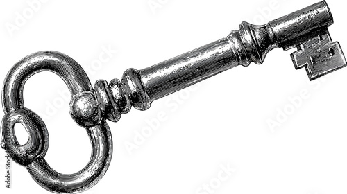 Black and white image of an ornate key with detailed engraving, angled against white background